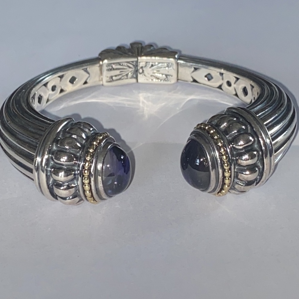 Lagos RARE blue iolite Caviar heavy silver/18k gold hinged cuff bracelet - Picture 1 of 10